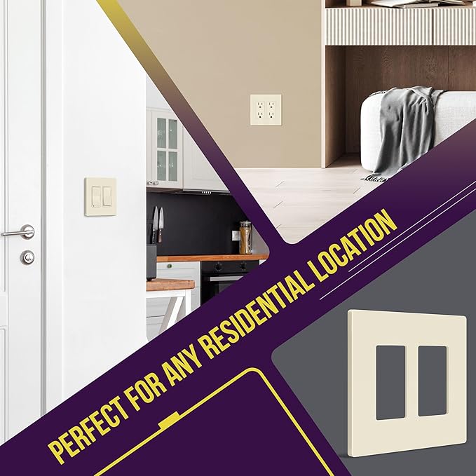 ENERLITES Screwless Decorator Wall Plates Child Safe Outlet Covers, Gloss Finish, Medium Size 2-Gang 4.88" H x 4.92” L, Unbreakable Polycarbonate Thermoplastic, SI8832M-LA, Light Almond