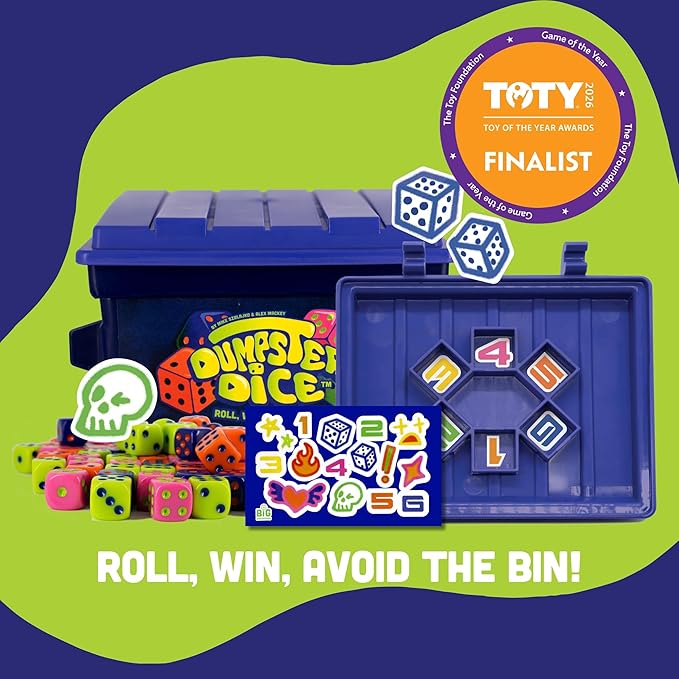 Big Discoveries Dumpster Dice Fast-Paced Family Dice Game | Fun 4-Player Board and Dice Game with Dumpster, 80 Piece Dice Set, and Graffiti Stickers | Perfect for Travel, Parties, and Game Night