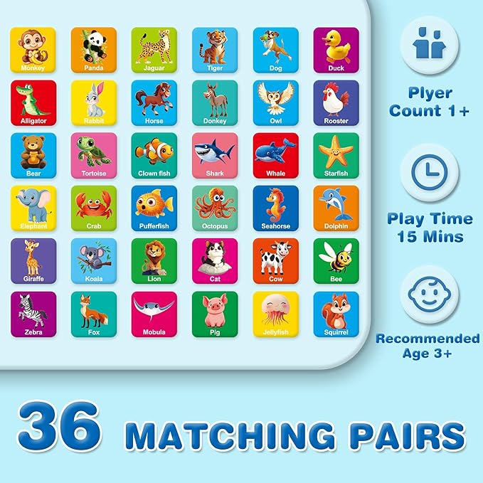 72 PCS Animals Memory Matching Game for Kids, Animal Theme Memory Board Game for Toddlers, Memory Cards Concentration Game for Ages 3 and Up