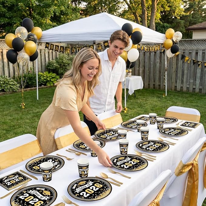 168 PCS Black Gold Graduation Party Supplies Serves 24 Guests, Disposable Tableware Set Plates Cups Napkins Cutlery Straws, School Student Graduation Birthday Decorations for Boys & Girls