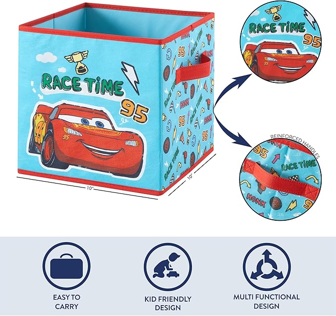 Disney Cars Storage Cubes, Set of 2 Durable 10"x10"x10" Fabric Bins with Handles, Lightning McQueen Organizer Boxes for Kids' Toys, Clothes & Room Décor
