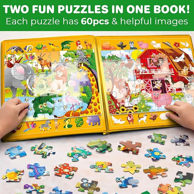 QUOKKA Magnetic Puzzles for Toddlers 3-5 – Search & Find 2 Pack, 60 Pieces Each – Travel Friendly Board with Hidden Objects, Farm and Africa Scenes – Educational Puzzle Gift for 3 Year Olds