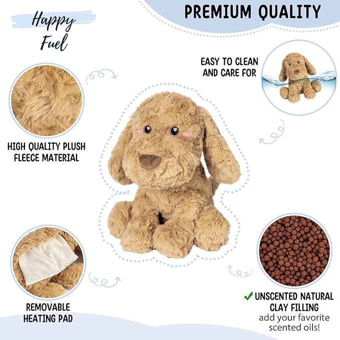 Goldendoodle Poodle Dog Microwavable Stuffed Animal – 1.5 lb Unscented Heating Pad Plush, Soft Cozy Golden Doodle Puppy Toy for Relaxation and Comfort, Gift for Women, Girls, Adults & Kids, Happy Fuel
