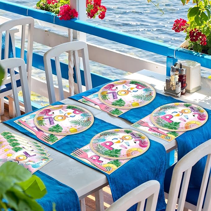 96Pcs Pink Pool Party Plates and Napkins Summer Beach Birthday Party Supplies Ball Theme Flamingos Unicorns Dessert Plates Forks Tableware Disposable for 24 Guests Girls Hawaii Birthday Decorations
