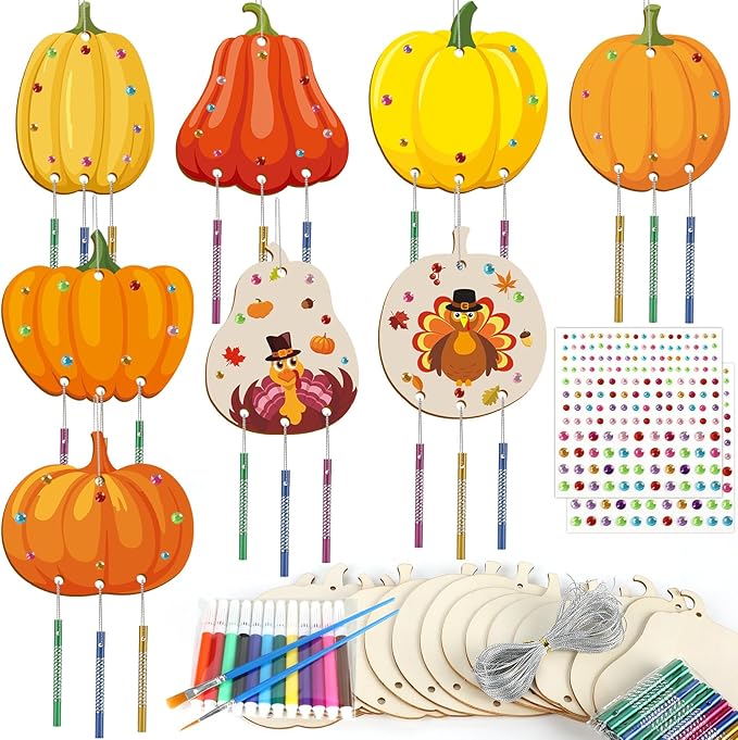 gisgfim 16 Pack Fall Pumpkin Wind Chime Kits Thanksgiving Crafts for Kids Make Your Own Pumpkins Wind Chime Wooden DIY Arts and Crafts for Autumn Party Classroom Decorations Supplies Birthday Favors