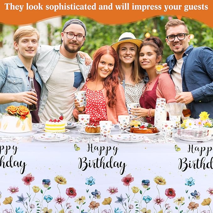 Pickmesh 194 Pcs Wildflower Birthday Party Decorations Spring Floral Tableware Set for 24 Guests Wildflower Birthday Paper Plates and Napkins Cups Tablecloth Cutlery for Women Flower Party Supplies