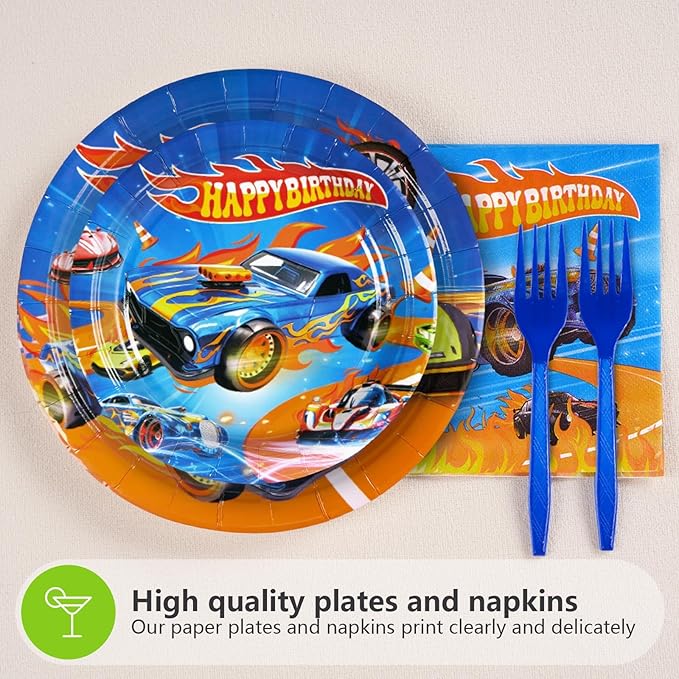 Grencian 96Pcs Racing Car Birthday Decorations for Boys Hot Car Party Plates and Napkins Tableware Sets Hot Cars Birthday Decorations for Kids Race Sports Game Themed Party Favors Supplies Serves 24