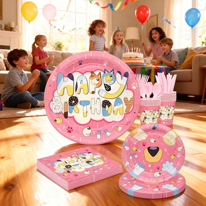 Pink Cartoon Puppy Themed Party Supplies for 24 Guests,Pink Dog Birthday Decorations Disposable Tableware Set With Plates, Cups, Napkins & Cutlery For Kids Child Themed Birthday Party