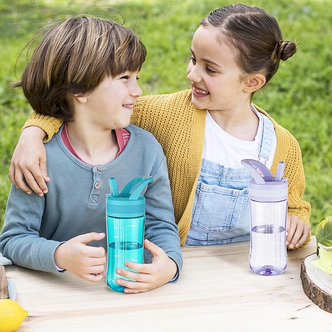 Kids Clear Water Bottle 14oz Flip with Straw Carry Handle, Leakproof, Reusable, Tritan, BPA Free, Suitable for Boys and Girls, Light purple