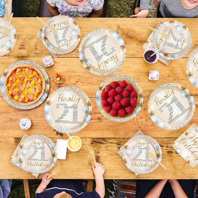 96Pcs Happy 21st Birthday Decorations Sweet 21 Plates and Napkins Tableware Sets White and Gold Glitter Twenty-one Birthday Decorations for Girls Boys 21 Years Old Birthdays Party Supplies Serves 24
