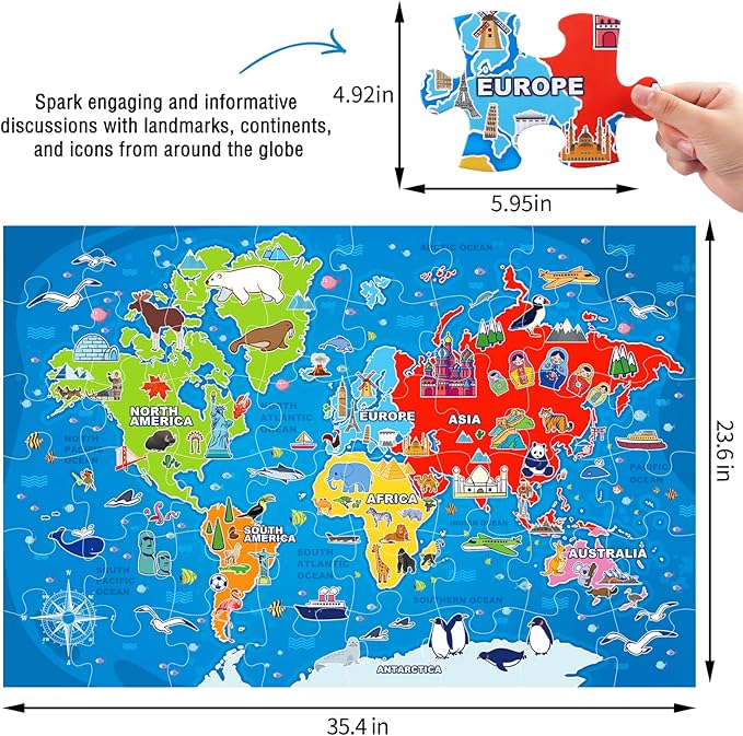Jumbo Floor Puzzle for Kids,World Map Jigsaw Geography Puzzles,48 Piece Globe Atlas Puzzle with Continents,United States Puzzle for Ages 3-5,Preschool Learning Toys Easter Gift for 4-8 Years Old
