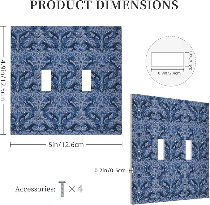 Blue Modern Nautical Art Whale Fish Ocean Damascus Decorative Switch Plates 2 Gang Double Toggle Outlet Light Switch Cover Wall Plate Electrical Faceplate for Bedroom Living Room Decor