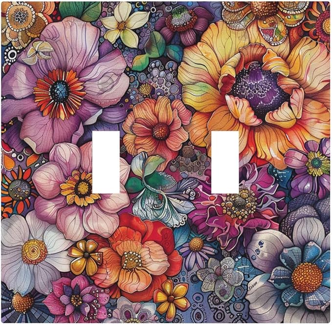 Decorative Switch Plates Colorful Bohemian Flowers Vintage Boho Floral 2 Gang Double Toggle Outlet Light Switch Cover Wall Plate Electrical Faceplate for Bed Room living Room Decor