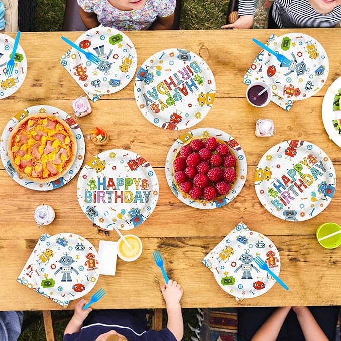 Grencian 96Pcs Robot Birthday Party Supplies Robot Themed Plates and Napkins Disposable Tableware Set for Boys Kids Birthday Party Baby Shower Decorations Serves 24
