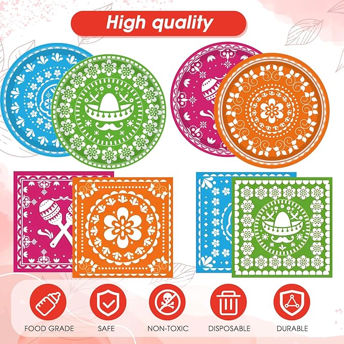 81PCS Mexican Fiesta Party Decorations Mexican Cinco De Mayo Party Decorations Supplies Mexican Disposable Paper Plates Napkins Mexico Plastic Tablecloth Fiesta Ware Dinnerware for Taco Party Decor