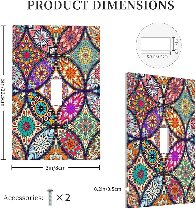 Bohemian Single Toggle Wall Plates Switchplate Covers Decorative 1 Gang Light Switch Covercolorful Vintage Floral Mandala Flower Faceplate for Kitchen Living Room Accessories Decor