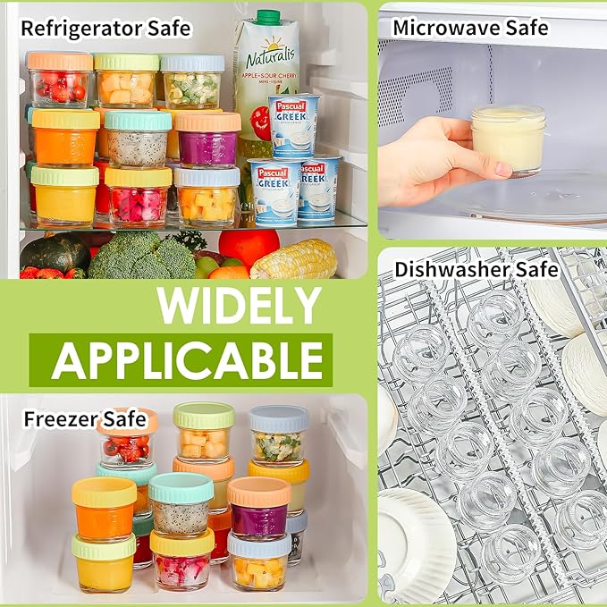 DRKIO 20 Pack Glass Baby Food Storage Containers 4 Oz Baby Food Jars with Lids Baby Food Maker Microwave Dishwasher Freezer Safe 100% Leak-Proof BPA Free