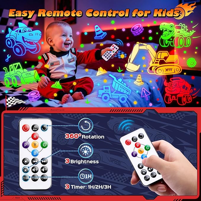 PIKOY Toddler Toy Cars Toy Projector | 6HD Films+15 Sounds+31 Colors+Remote Control+360°Rotating | Egg Light for Nursery Toy Cars for Toddlers 1-3 Toys for Boys Age 4-7 Boy Birthday Gifts 1-8 Years