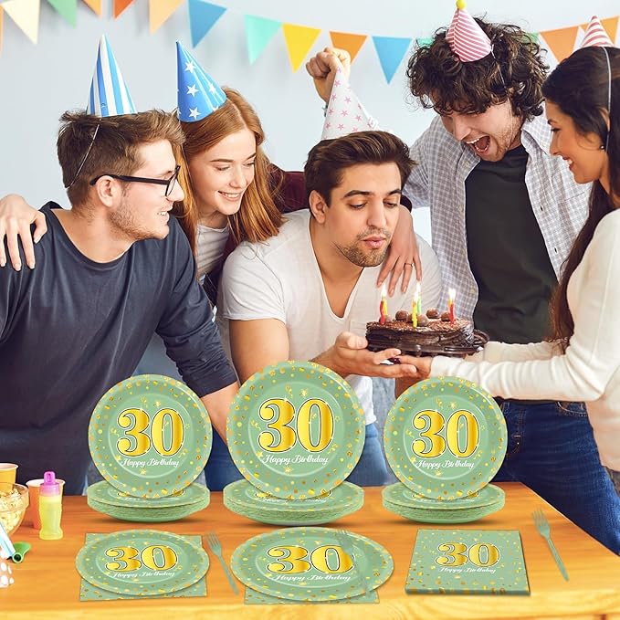 96Pcs Green Gold 30th Birthday Party Plates and Napkins for Women Men Sage Green 30 Year Old Birthday Party Supplies Themed Paper Dessert Plates Tableware Set for 24 Guests Party Decorations
