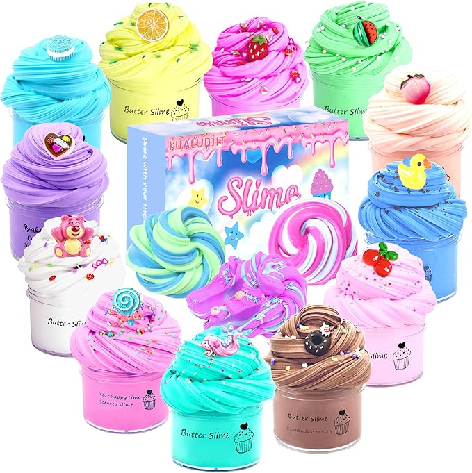 KUALUDJIT12Pack Butter Slime Kit with Cake Charms Super Soft & Non-Sticky,Stress Relief Toy for Girls and Boys,Party Favors and Birthday Gift，Easter Basket Stuffers