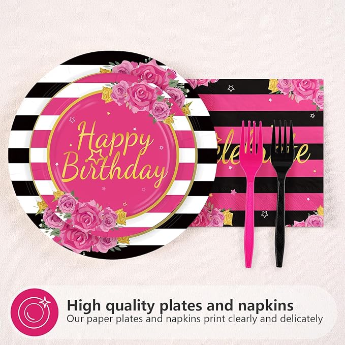 96Pcs Black and Pink Birthday Party Supplies Happy Birthday Plates and Napkins Hot Pink Rose Black White Stripe Tableware Set for Girls Women Couple Birthdays Party Supplies Serves 24