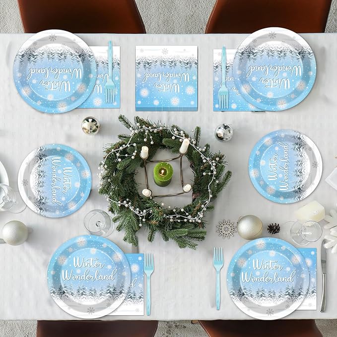 96Pcs Winter Snowflake Plates and Napkins for Winter Wonderland Party Supplies Snowflake Dessert Disposable Plates Holiday Christmas Party Tableware Set for 24 Guests Birthday Party Decorations