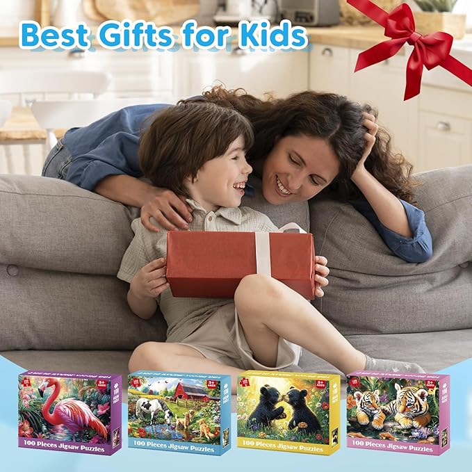 4-Pack 100 Piece Puzzles for Kids Ages 4-6 6-8 Year Old - Tigers Bears Farm Flamingos, Jigsaw Puzzles for Kids Ages 8-10, Learning Educational Children Puzzles 5-8 for Boys and Girls