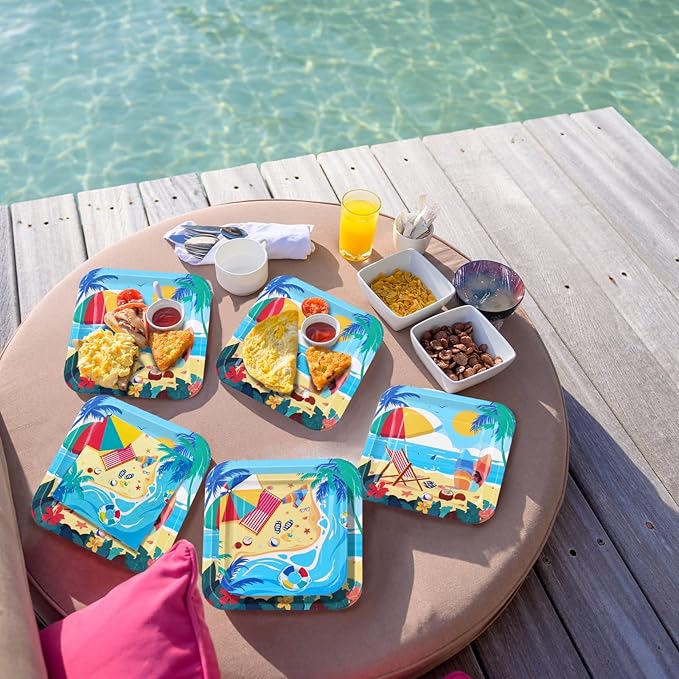 Beach Theme Party Supplies, Summer Pool Pack Includes: Paper Dinner Plates, Dessert Plates, Luncheon Napkins, Cups and Tablecloth for Hawaiian Party Birthday Decorations, Serve 25