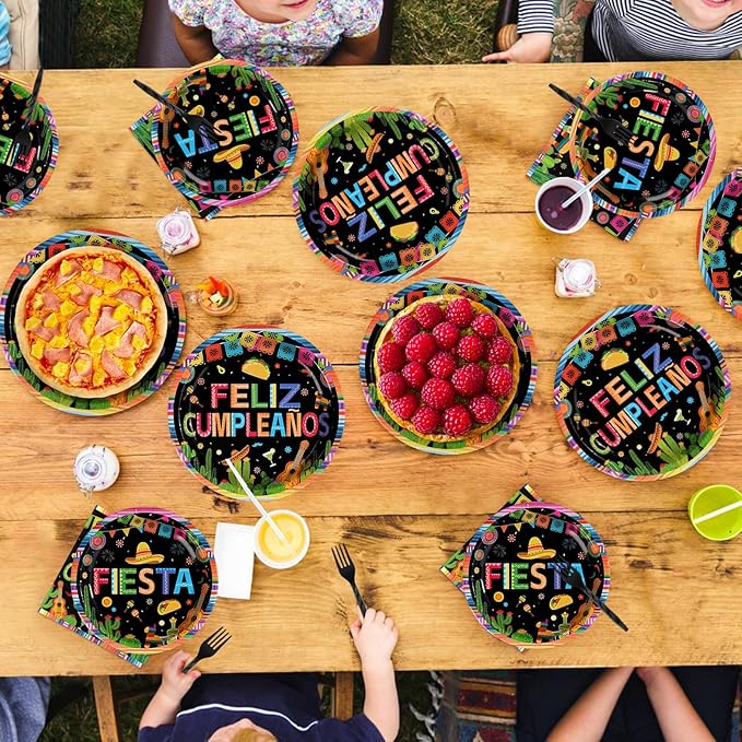 96Pcs Fiesta Birthday Party Decorations Mexican Feliz Cumpleaños Plates and Napkins Cinco De Mayo Party Decorations for Baby Shower Mexico Taco Carnival Birthday Party Supplies Serves 24