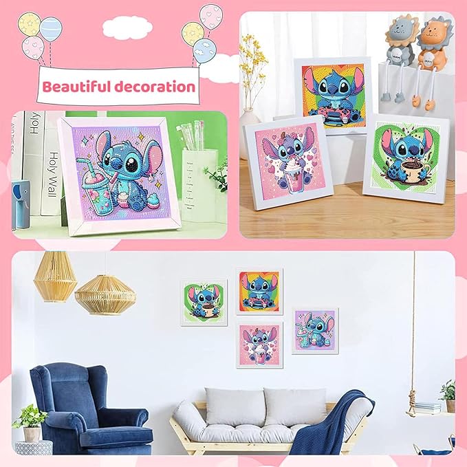 KOJEFCV 4 PCS Diamond Art Painting Kits for Kids, Cartoon Diamond Art for Kids Ages 4-8-12, Cartoon Gem Painting Kit Crafts Beginners for Gift Home Wall Decor (6x6 inch)