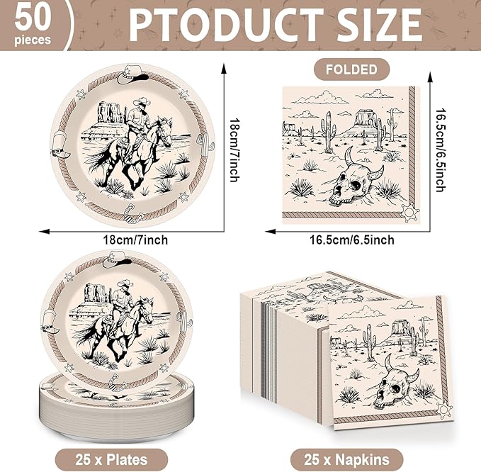CHUNNIN 50Pcs 7in Western Party Paper Plates and Napkins Cowboy Dessert Cake Plates Rodeo Bachelor Theme Decorations Wild West Tableware Set Serves 25 Guest Cowboy Birthday Party Supplies