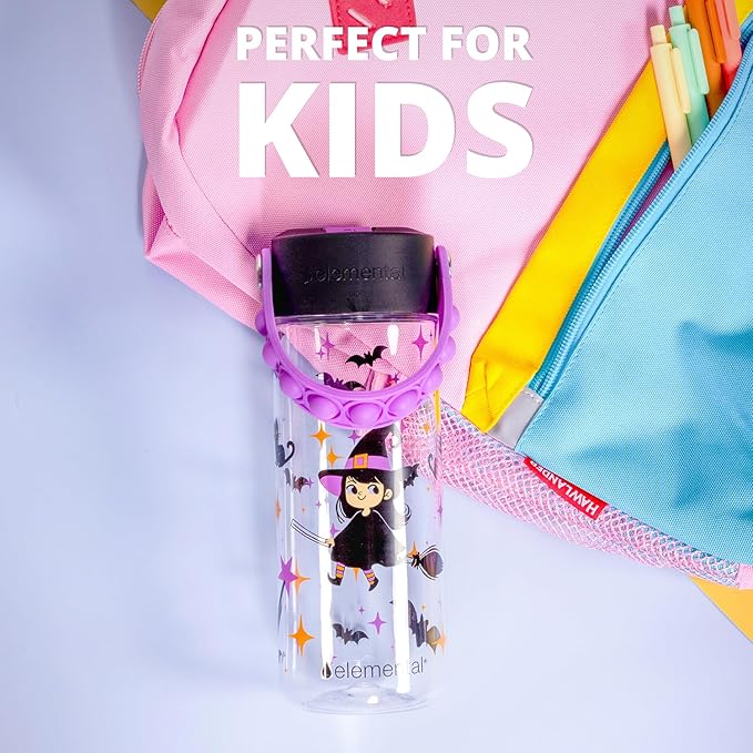 Elemental Water Bottles for Kids - Splash Kids Water Bottle for School with Pop-it Handle - BPA Free Tritan Plastic Water Bottle with Straw Leak Proof when Spout is Closed - Little Witch - 18oz