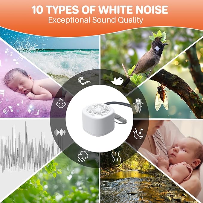 FUNYKICH Travel White Noise Sound Machine with Colorful Light, Portable Mini Sound Machine for Baby Adults Kids with 10 Sounds, Sleep Timer, Memory Function, Rechargeable for Travel, Home and Office