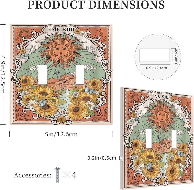 Boho Retro Sun Sunflower Vintage Flower Butterfly Decorative Switch Plates 2 Gang Double Toggle Outlet Light Switch Cover Wall Plate Electrical Faceplate for Farmhouse Home Decor