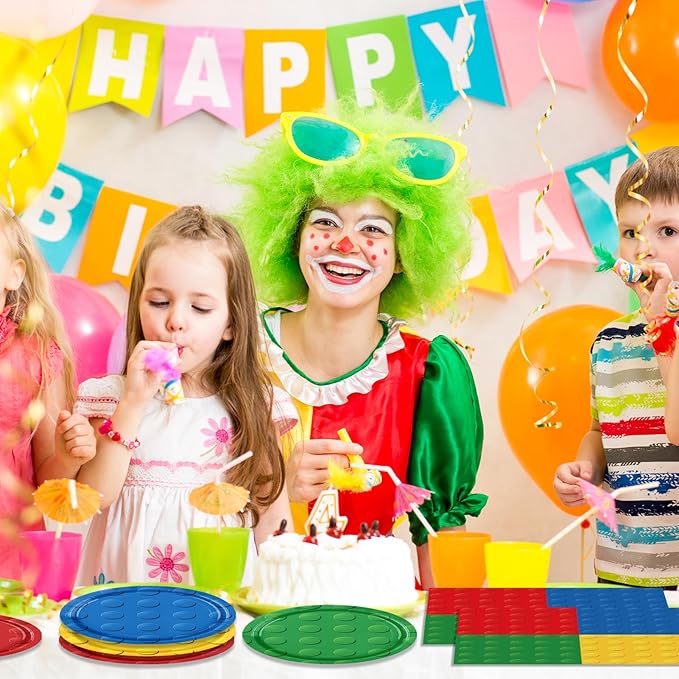 80PCS Building Blocks Themed Birthday Party Decorations Colorful Building Block Tableware Paper Plates Napkins Set for Boys, Kid’s Birthday Party Decorations Serve 20