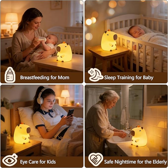 FAMIDUO Capybara Night Light, Long-Lasting Silicone Squishy Lamp, Cute Animal Nursery Light with 20-Min Timer, Dimmable Bedside Lamp for Kids Room, College Dorm Decor, Funny Gifts for Girls Boys Baby