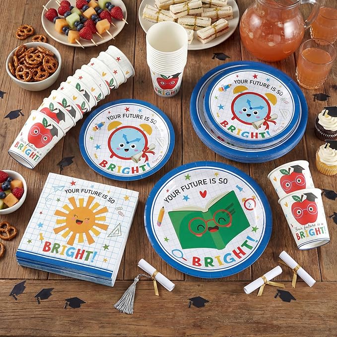Qinyoung 122 Pcs Kindergarten Graduation Plates and Napkins Set for 24 Guest Paper Dessert Plates Cups and Napkin Bright Future Disposable Tableware for Preschool Kindergarten Party Table Decorations