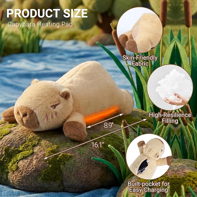 Capybara Heating Pad for Period Cramps,Menstrual Pain Relief,Cute Stuffed Animal Electric Heating Pad Plush,USB Powered Heated Plush Toy,Portable Warm Cushion Gift for Mother Women Teen Girls,Brown