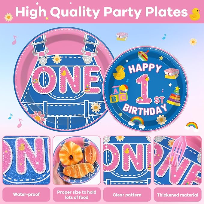 96Pcs 1st Birthday Party Plates and Napkins Girls Pink Cartoon Teaching Decor One Year Old Paper Disposable Dessert Cake Plates English Teacher Theme Tableware Set for Baby Shower Favors 24 Guests