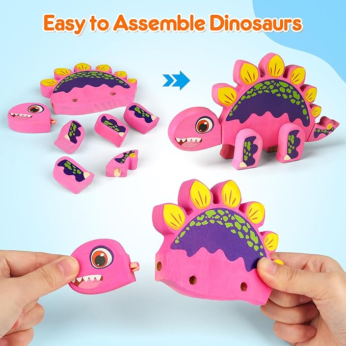 Mocoosy Wooden Dinosaur Painting Art and Craft Kit for Kids 3-5, Build & Decorate Your Own Dinos with Paint & Stickers, Wood Dinosaur Builder Game Montessoi Educational Toy Gift Toddler Boys Girls 4-8