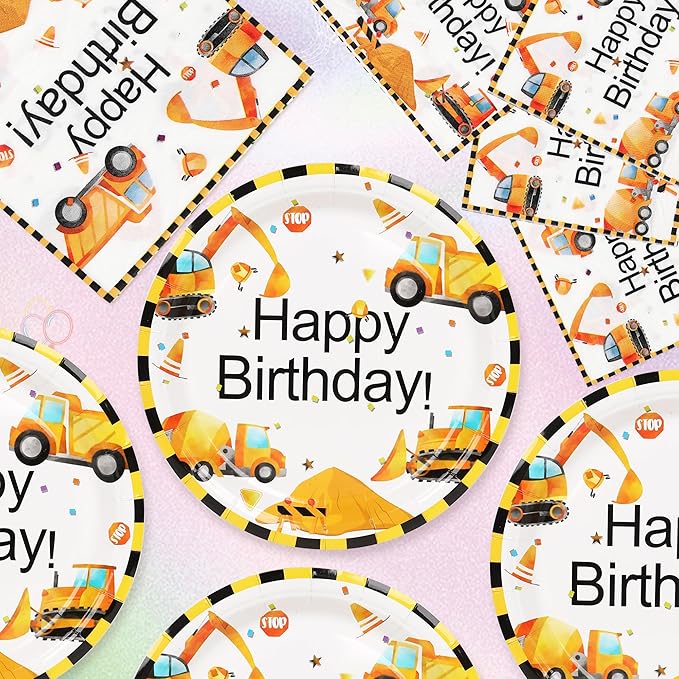 50 Pcs Construction Plates and Napkins Party Supplies, 9inch Construction Theme Plates, Disposable Dump Truck Plates and Napkins Tableware Set for Kids Boys Birthday Party Decorations, 25 Guests