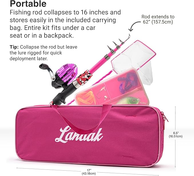 Lanaak Kids Fishing Pole, Kids Portable Telescopic Fishing Rod Set, Tackle Box and Fishing Net Combo Kit, Kids Fishing Gear for Boys and Girls Age 5-10 and Youth