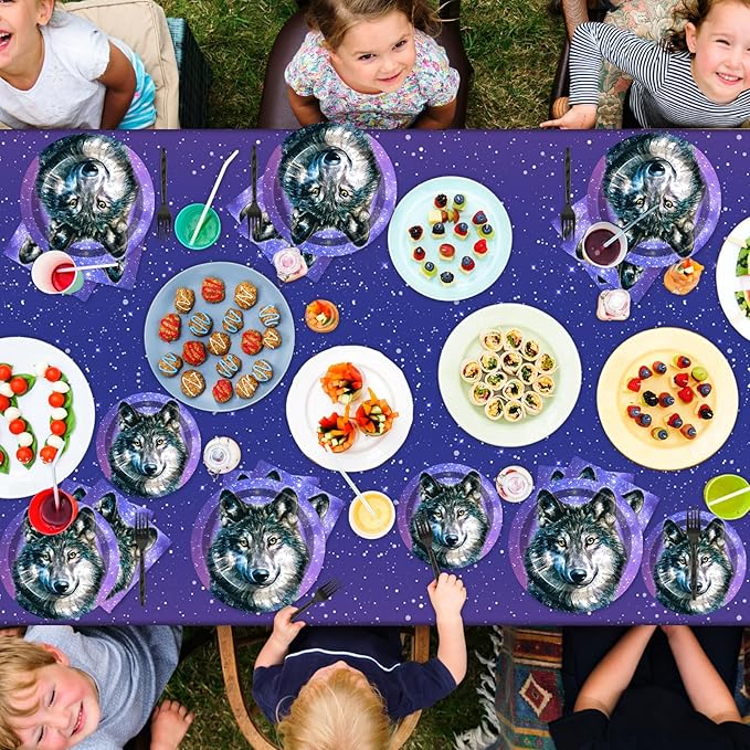 Qyeahkj Wolf Party Supplies Serves 24 Wolf Theme Party Paper Plates Napkins Wolf Tablecloth Set Tableware Kit for Kids Birthday Party Baby Shower