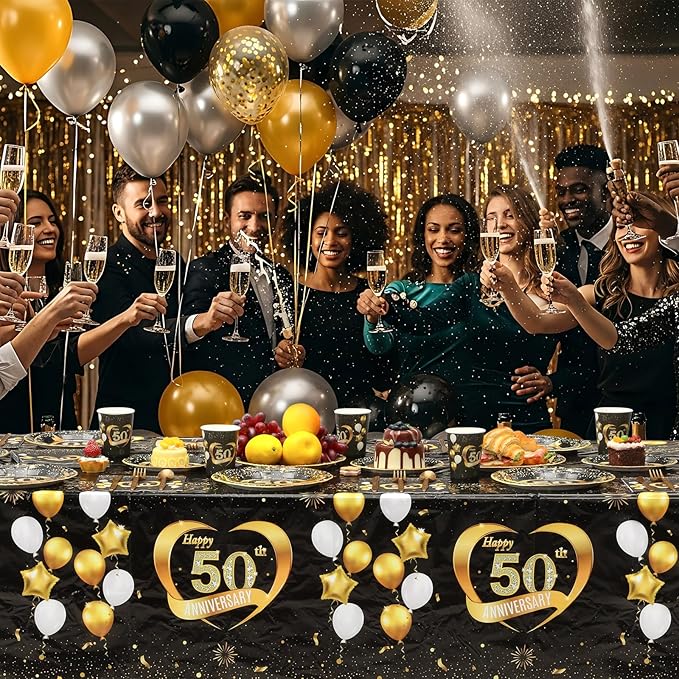 Pickmesh 194 Pcs Black Gold 50th Wedding Anniversary Party Decoration for 24, Happy 50th Anniversary Paper Plates and Napkins Cups Tablecloth Cutlery Set for Employee Career 50 Years Women Men