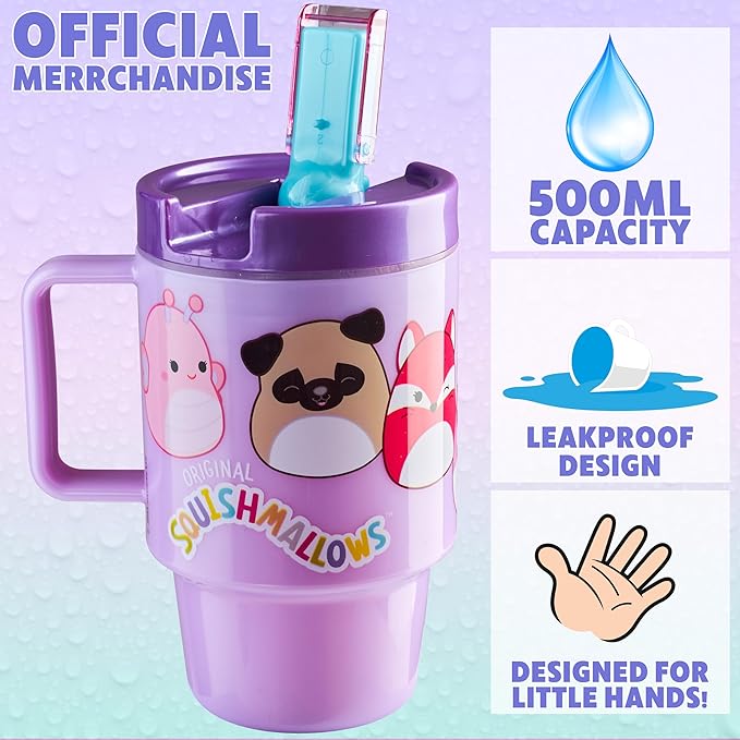 Get Trend Squishmallows Kids Water Bottle with Straw 16.9 oz BPA Free Plastic Cup with Lid Handle Reusable Tumbler for School Gifts for Kids (Lilac Squishmallows)
