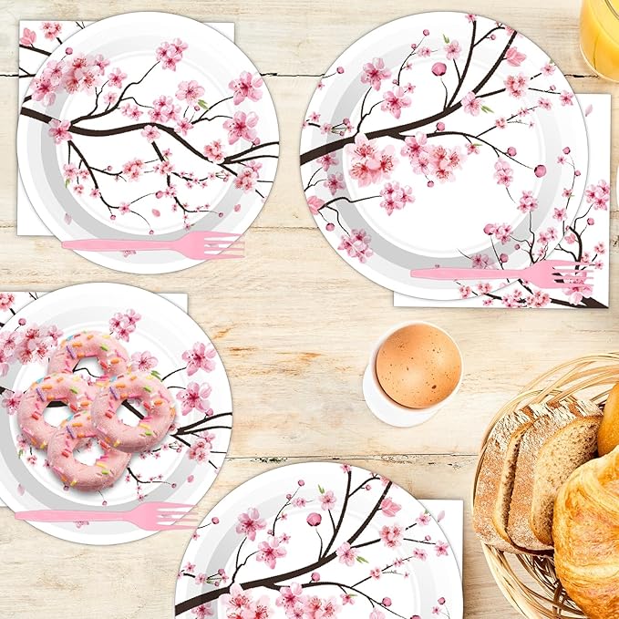 Qyeahkj 100 PCS Cherry Blossom Party Supplies Set Cherry Blossom Plates and Napkins Japanese Disposable Paper Party Tableware Forks Packs Decorations for Hibachi Spring Birthday Decoration Serve 25