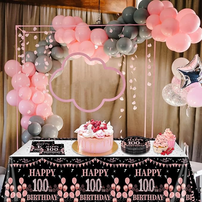 41Pcs 100th Birthday Decorations for Women, Vintage 100 Birthday Black and Rose Gold Disposable Paper Plates and Napkins Party Supplies for 20 Guests, 41Pcs Include 7" Plates Napkins and Tablecloth