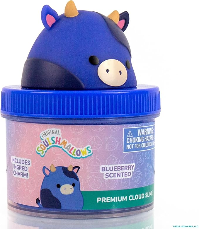 Original Squishmallows Ingrid The Cow Premium Cloud Slime, Blueberry-Scented, 8 oz., Storage Container with Figurine Topper, Rubber Charm, Goodie Bags Stuffers, Kids Party Favors, Sensory Toys