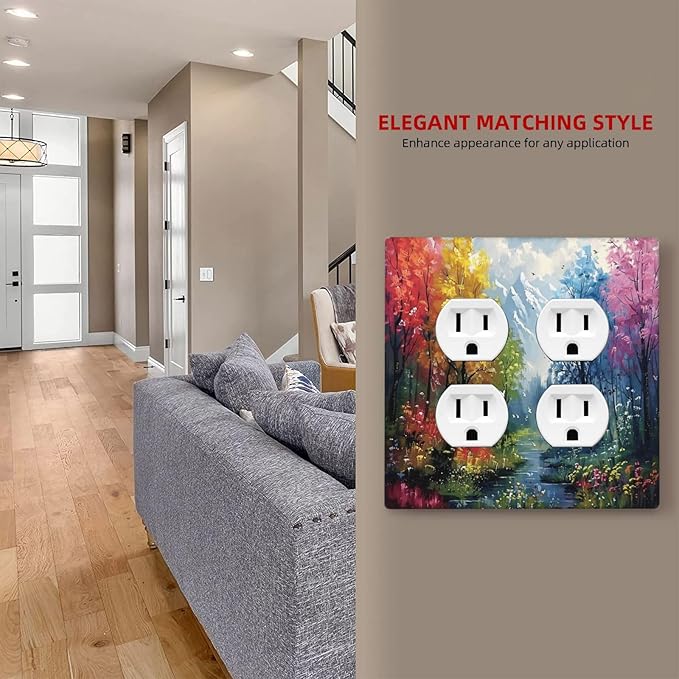 Colorful Forest Snow Mountain River Oil Painting Style Outlet Covers 2 Gang Double Duplex Decorative Light Switch Covers Electrical Wallplates Socket Faceplate for Bedroom Living Room Decor