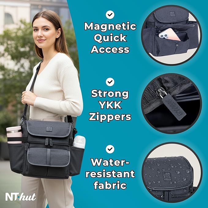 NT·hut Baby Stroller Organizer, Stroller Caddy Bag with 2 Wide Cup Holders & Bottle Straps, Universal Strap Fit, Fits 11" Tablet, Magnetic Pocket, Zipper & Mesh Pockets, Water Resistant 600D (Black)
